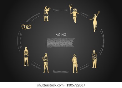 Aging - different stages of woman age from infance, childhood girl to adult and old woman vector concept set. Hand drawn sketch isolated illustration