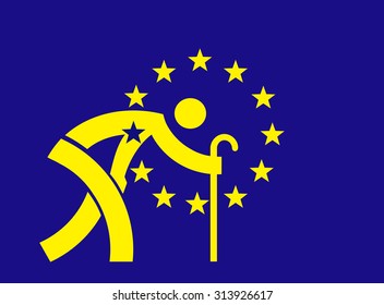 An aging Europe -European Union flag.
Parody of European Union flag with symbol an old man with a cane. 
Concept for An aging Europe and Economic Crisis. 
