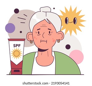 Aging or getting old concept. Old character with skin wrinkles and spots. Sun-induced aging. Age caused changes of body. Flat vector illustration