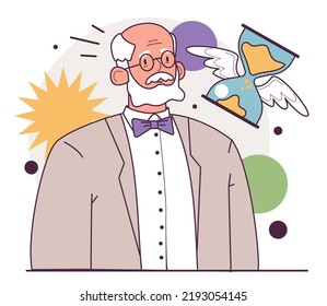 Aging or getting old concept. Old character with hourglass, time flies metaphor. Elderly character watching time pass. Age caused changes of body. Flat vector illustration