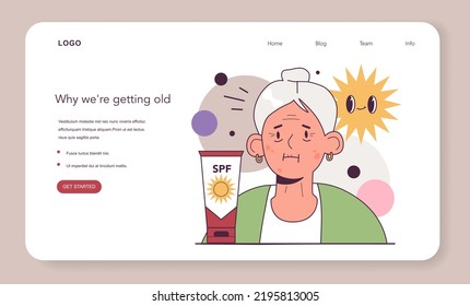 Aging or getting old concept. Old character with skin wrinkles and spots. Sun-induced aging. Age caused changes of body. Flat vector illustration