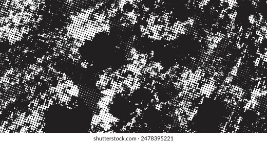 Aging halftone noise gradient texture. Grunge dirty spots and spots background. Off-white and black sand grain wallpaper. Retro pixelated comic horizontal background. Vector gritty pop art