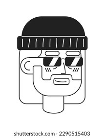 Aging hipster with sunglasses monochromatic flat vector character head. Grandpa. Editable black white cartoon face emotion. Hand drawn lineart ink spot illustration for web graphic design, animation