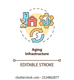 Aging Infrastructure Concept Icon. Rural Electrification Obstacles Abstract Idea Thin Line Illustration. Isolated Outline Drawing. Editable Stroke. Roboto-Medium, Myriad Pro-Bold Fonts Used