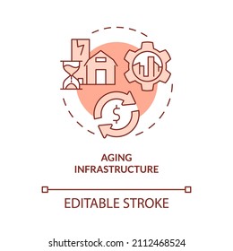 Aging Infrastructure Red Concept Icon. Rural Electrification Obstacles Abstract Idea Thin Line Illustration. Isolated Outline Drawing. Editable Stroke. Roboto-Medium, Myriad Pro-Bold Fonts Used