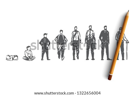 Aging, male, boy, man, old, people concept. Hand drawn human generation from child to adult concept sketch. Isolated vector illustration.