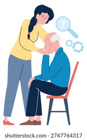 Aging mental problem. Woman care about elderly man