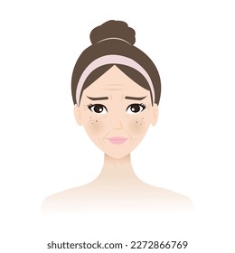 The aging on woman skin face vector isolated on white background. The wrinkles, sagging, melasma, blemish, freckle, dark spots and damage skin. Skin care concept illustration.