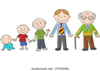 Aging people, Men at different ages. Hand drawn cartoon men, sketch