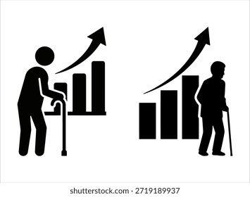 Tendencia de la población envejecida con esperanza de vida creciente, silueta de la tercera edad y gráfico de crecimiento.