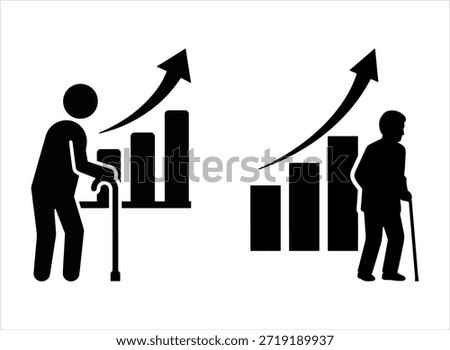 Aging population trend with increasing life expectancy, elderly silhouette and growth graph.