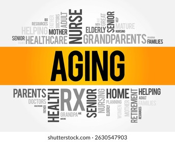 Aging is the process of becoming older, word cloud concept background