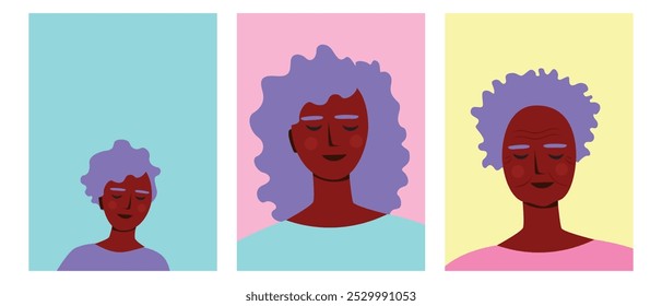 Proceso de envejecimiento de la persona BIPOC, ilustración de stock de Vector plano premium o tríptico con mujer a diferentes edades