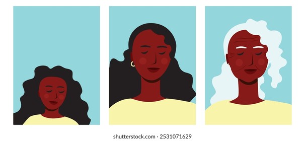 Proceso de envejecimiento de la persona BIPOC, ilustración de stock de Vector plano premium o tríptico de vivacidad con adulto afro, niño, mujer mayor