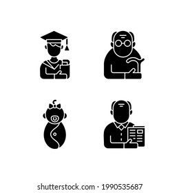 Aging process black glyph icons set on white space. Male student. Pensioner. Early adulthood. Baby phase. Old man. Infancy development. Senior citizen. Silhouette symbols. Vector isolated illustration
