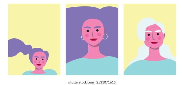 Proceso de envejecimiento de la persona femenina, ilustración de stock de Vector plano premium o tríptico con mujer a diferentes edades