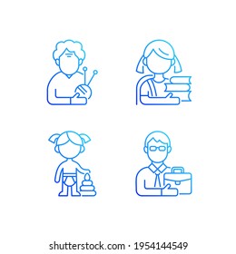 Aging process gradient linear vector icons set. Elderly woman. Schoolgirl. Female toddler. Middle-aged man. Thin line contour symbols bundle. Isolated vector outline illustrations collection