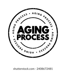 Aging process - gradual, continuous process of natural change that begins in early adulthood, text concept stamp