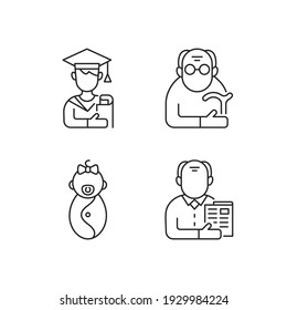 Aging process linear icons set. Male student. Pensioner. Early adulthood. Baby phase. Senior citizen. Customizable thin line contour symbols. Isolated vector outline illustrations. Editable stroke