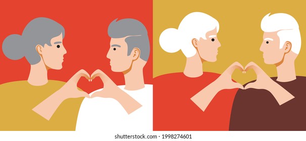 Aging progress of couples, hands with hearts. Flat vector stock illustration. An old man and an old woman love. Aging as a couple. Illustration for February 14 or Valentine. Set or collection