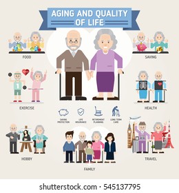 Aging And Quality Of Life. Senior Man And Woman Activities. Senior Citizen. Info-graphic Inspire To Drive Your Business Project. Vector Illustration. 