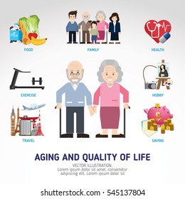 Envejecimiento y calidad de vida. Actividades de hombres y mujeres de alto nivel. Ciudadano mayor. Información gráfica inspirada para impulsar su proyecto empresarial. Ilustración vectorial. 