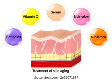 Tratamiento de la piel envejecida. Cuidar la piel envejecida con productos para el cuidado de la piel. Problemas faciales de la piel. Vector para publicidad sobre belleza y tratamiento médico.