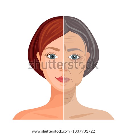 Aging skin. Vector illustration. Comparison of young and old faces. Before and after.