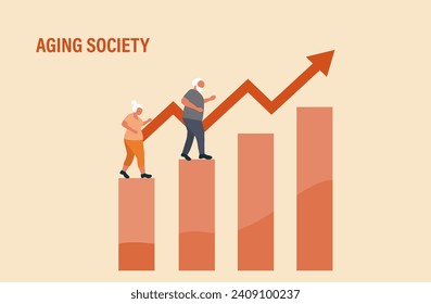 Aging society concept, world population aging because of low birth. Increasing senior elderly people vector illustration