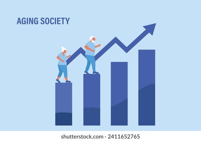 Aging society concept, world population aging because of low birth. Increasing senior elderly people vector illustration