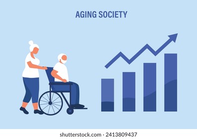 Aging society concept, world population aging because of low birth. Increasing senior elderly people vector illustration