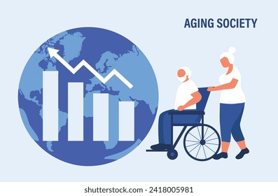 Aging society concept, world population aging because of low birth. Increasing senior elderly people vector illustration