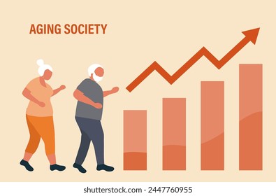 Aging society concept, world population aging because of low birth. Increasing senior elderly people vector illustration