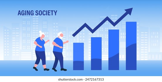 Concepto de sociedad de envejecimiento, envejecimiento de la población mundial debido al bajo nivel de nacimiento. Aumento de la Ilustración vectorial de ancianos