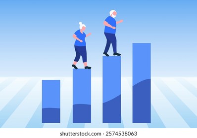 Aging society concept, world population aging because of low birth. Increasing senior elderly people vector illustration