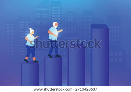 Aging society concept, world population aging because of low birth. Increasing senior elderly people vector illustration
