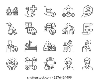 Aging society icon set. It included icons such as senior people, elderly, retirement, retire, and more.