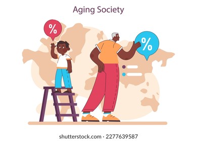 Aging society and low birth rate in developed countries. Low natality rate causing elderly population increase. State economy, pension and social funds problem. Flat vector illustration