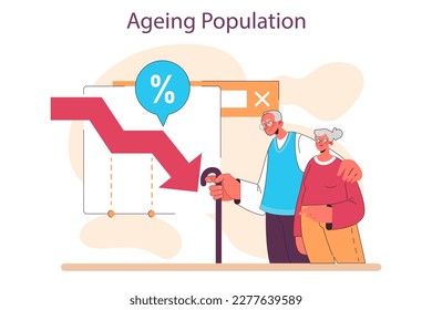 Aging society and low birth rate in developed countries. Low natality rate causing elderly population increase. State economy, pension and social funds problem. Flat vector illustration