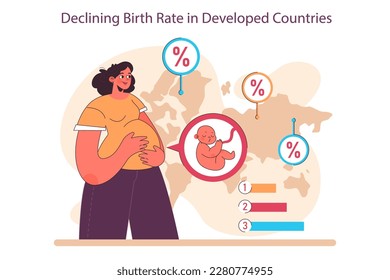 Aging society and low birth rate in developed countries. Workforce crisis caused by low natality rate. Elderly population increase, childfree ideology. Flat vector illustration