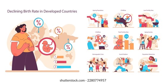 Aging society and low birth rate in developed countries set. Workforce crisis caused by low natality rate. Elderly population increase, childfree ideology. Flat vector illustration