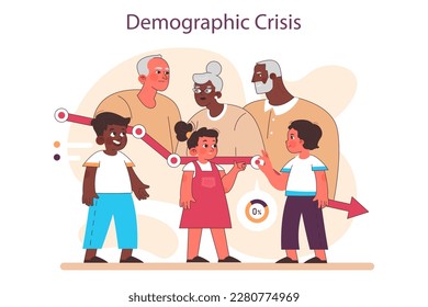 Aging society and low birth rate in developed countries. Low natality rate causing elderly population increase. State economy, pension and social funds problem. Flat vector illustration