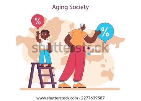 Aging society and low birth rate in developed countries. Low natality rate causing elderly population increase. State economy, pension and social funds problem. Flat vector illustration