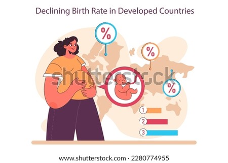 Aging society and low birth rate in developed countries. Workforce crisis caused by low natality rate. Elderly population increase, childfree ideology. Flat vector illustration