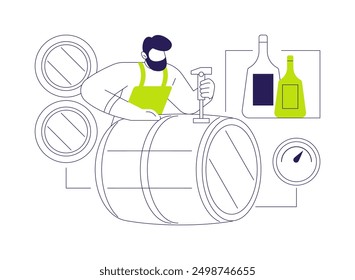 Aging spirits abstract concept vector illustration. Worker checking barrel whiskey, beverage production, alcohol drink manufacturing industry, hard liquor distillery abstract metaphor.