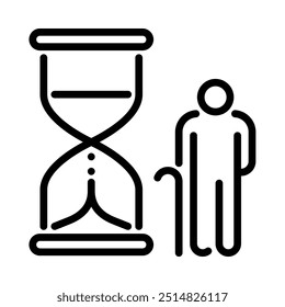 Aging time icon. Gold bars and diamonds. Old man with hourglass. Outline style. Vector. Isolate on white background.