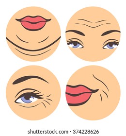 Aging troubles set. Vector illustration of places where wrinkles appear in the first. Instruction about first wrinkles in circle shapes.