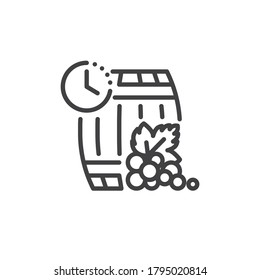 Icono de envejecimiento de línea de vino. signo de estilo lineal para concepto móvil y diseño web. Barril de vino con reloj y icono vector de contorno de uvas. Símbolo, ilustración del logotipo. Gráficos vectoriales