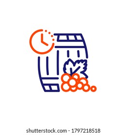 Aging of wine line icon. linear style sign for mobile concept and web design. Wine barrel with clock and grapes outline vector icon. Symbol, logo illustration. Vector graphics