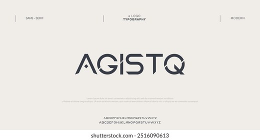 Agistq kreatives modernes Alphabet. Typografie mit moderner Regelmäßigkeit und Nummer. Schriftarten im minimalistischen Stil. Vektorgrafik